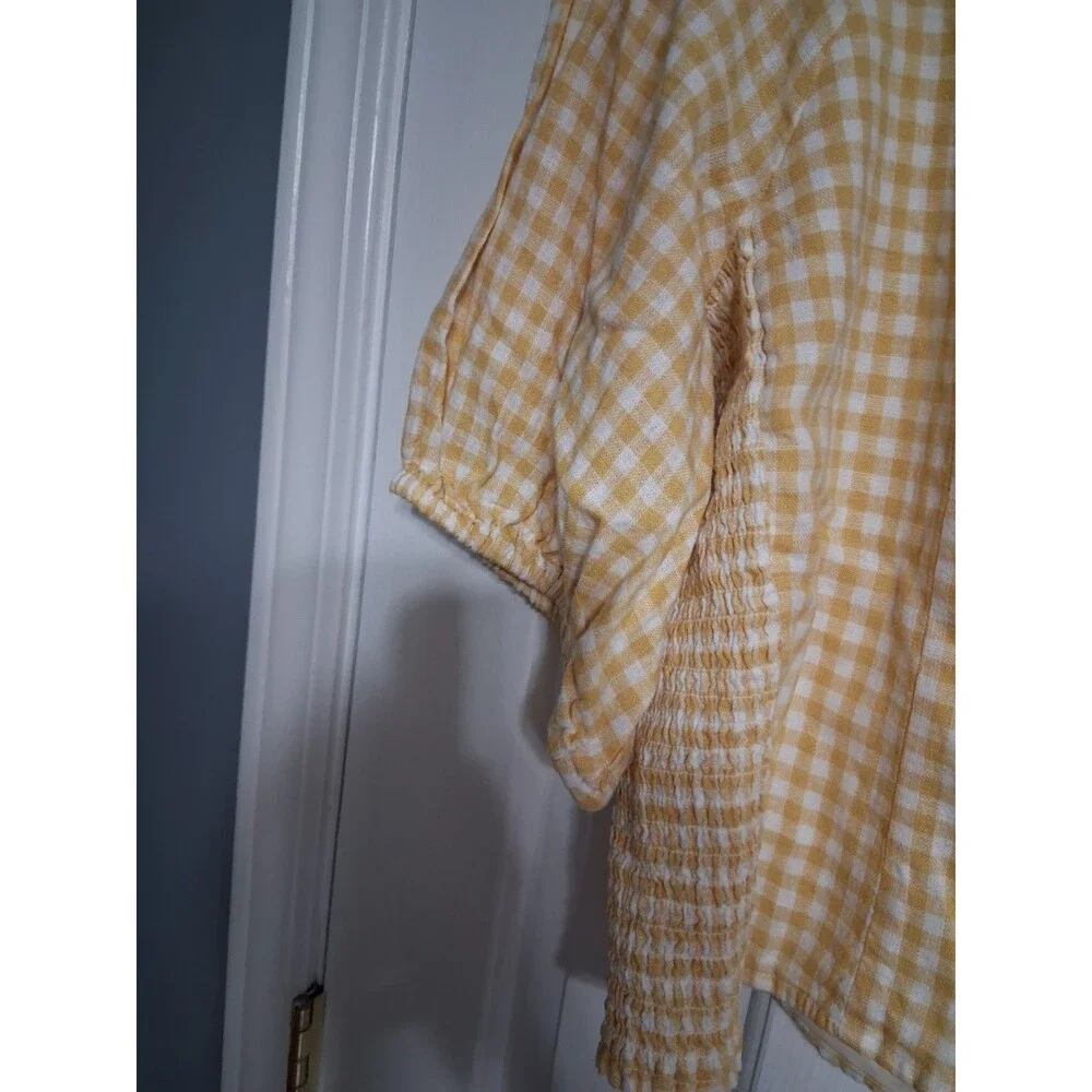 NWT Women's Old Navy Puff Sleeve Linen Blend Top Size 3X Yellow Gingham N7